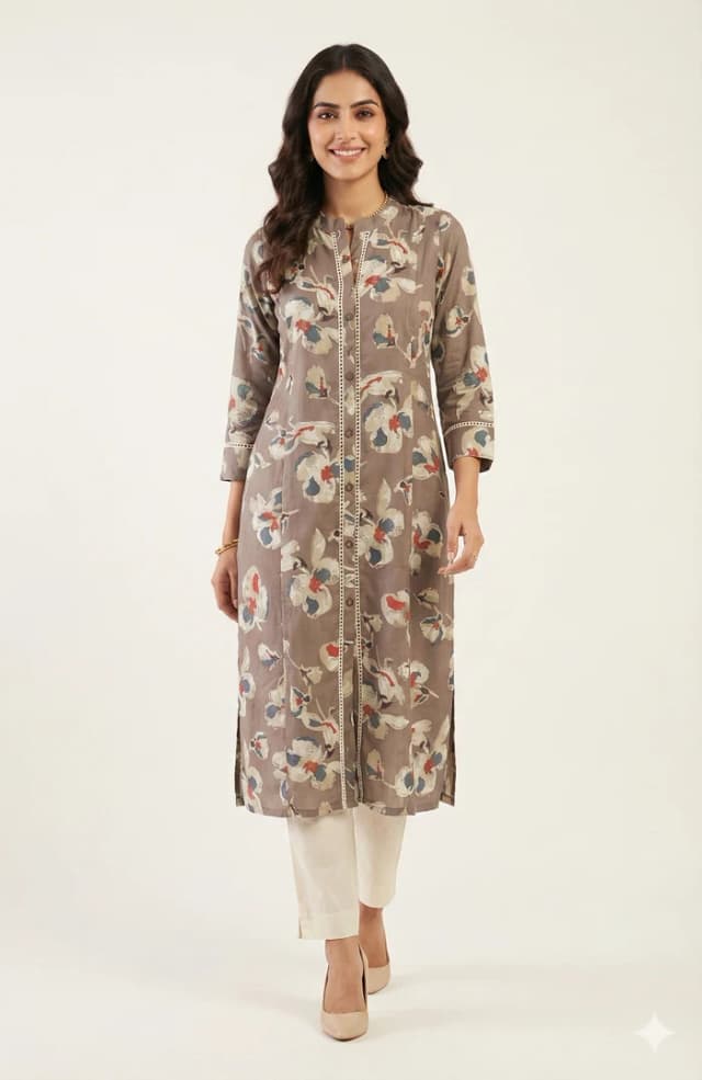 Grey Straight Fit Viscose Kurti Adorned with Delicate Floral Prints and Slit Detail